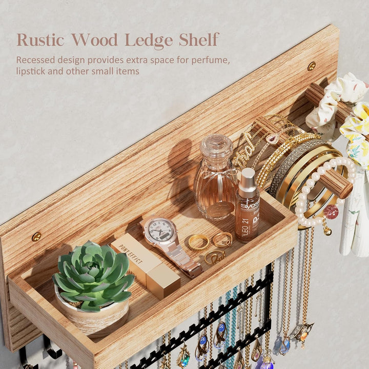 Lolalet Hängeschmuck Organizer, Hölzerne Schmuckaufbewahrungsregal mit 15 Haken, Wandmontierte Halsk