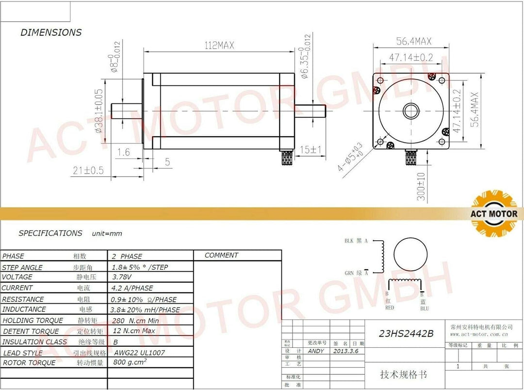 DE-SHIP FREE 1PC 23HS2442B Nema23 Schrittmotor 112mm 425oz-in 4.2A round double Shaft Φ8mm Bipolar 1