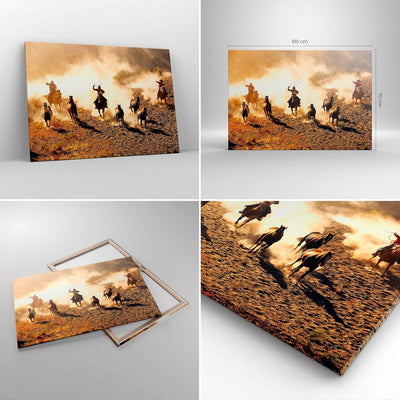 ARTTOR Bilder auf Leinwand 100x70cm Leinwandbild Cowboys Pferde Galopp Gross Wanddeko Bild Schlafzim