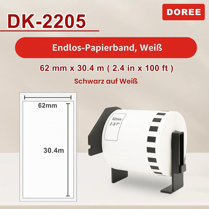 Doree DK22205 kompatible Etikettenrollen für Brother P-Touch QL-500 QL-500A QL-500BS QL-500BW,62mm x