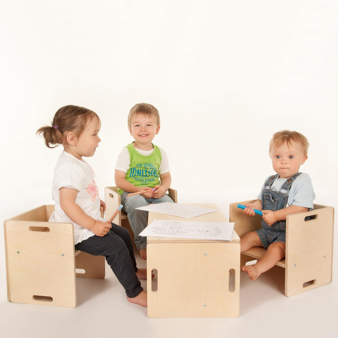 Kindermöbel – Kinder Sitzbank für Sitzgruppen aus Holz – mitwachsende Möbel mit Wendehocker – aus Bi