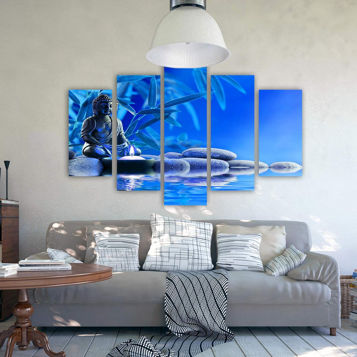 Feeby Leinwandbild Buddha 5 TLG Bild Kunstdruck Wasser Steine Blätter blau 100x70 cm Leinwandbild 10
