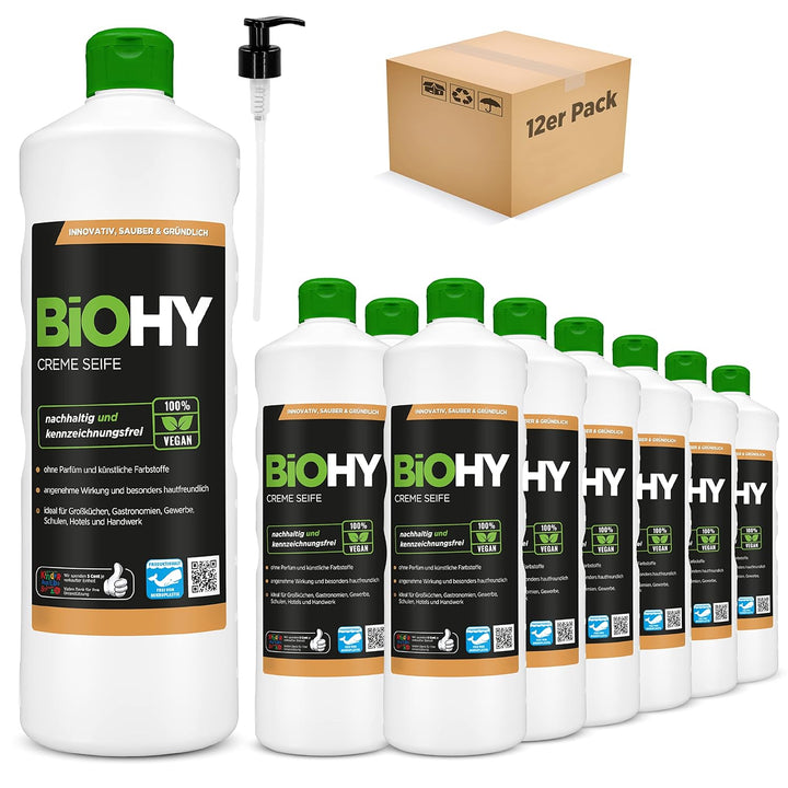 BiOHY Creme Seife (12 x 1 Liter) + Pumpspender | Hautschonende, rückfettende & geruchsneutrale Hands