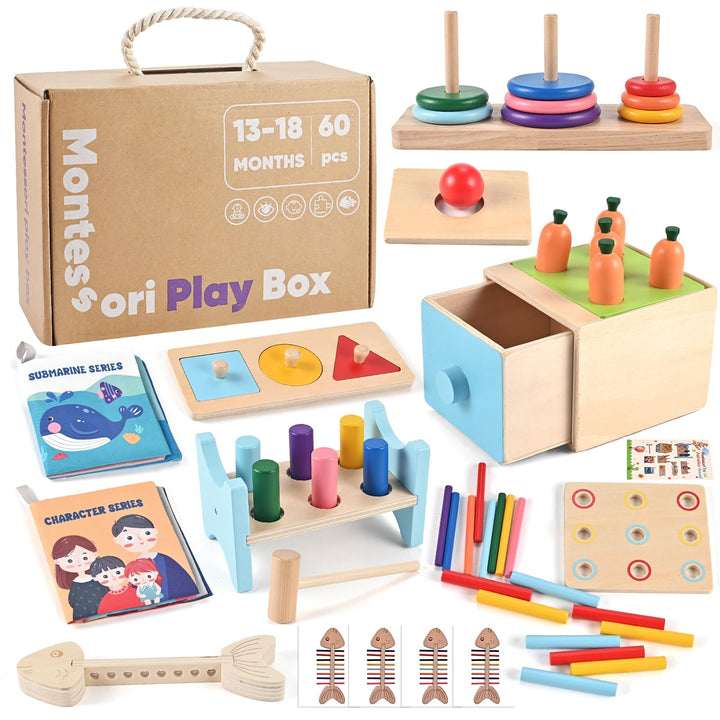 Wooderma Montessori Spielzeug ab 12 Monaten – Holzspielzeug Set mit Sortierspiel, Stapelspiel, Forme