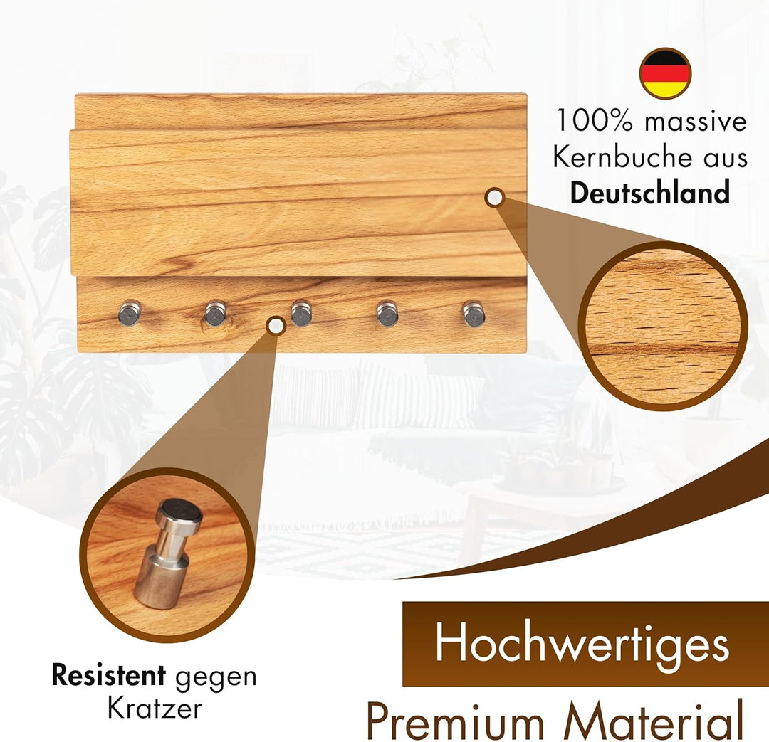Heimatspäne Schlüsselbrett Holz – Hochwertige Edelstahlhaken und echte Kernbuche – handgemachtes Sch