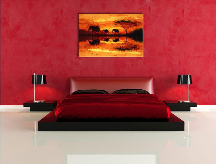 Pixxprint Elefantenam Wasser im Sonnenuntergang Pinsel Effekt, Format: 100x70 auf Leinwand, 100x70