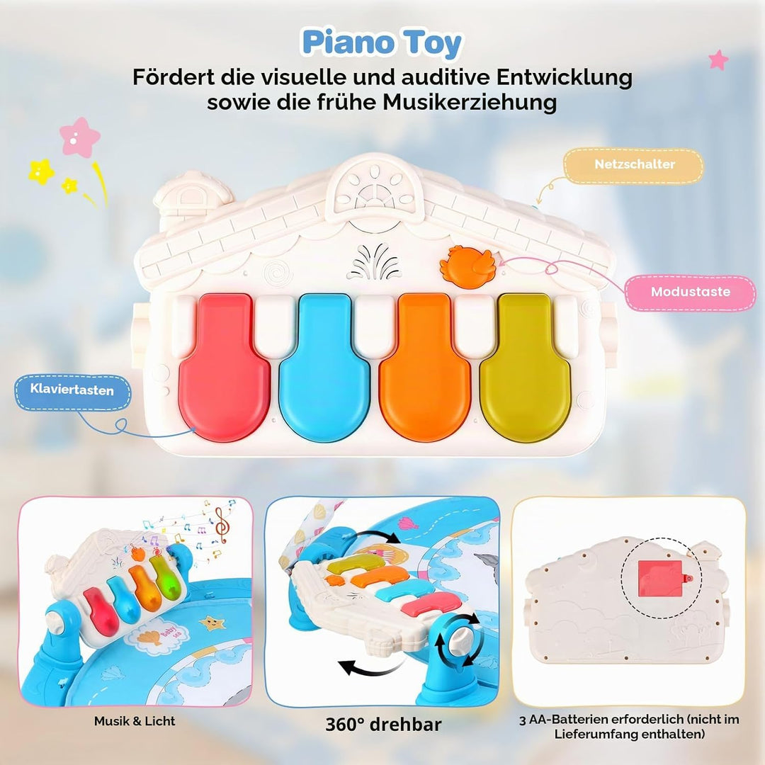 Baby-Spielmatte, Baby-Spielbogen mit Rassel, Klavier und Spiegel, Boden-Spielmatte (100 cm Durchmess