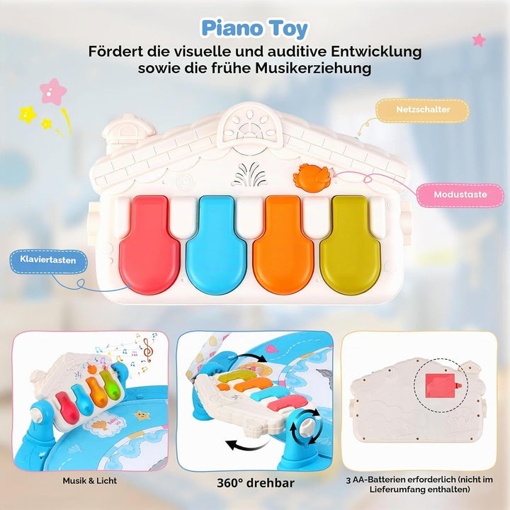 Baby-Spielmatte, Baby-Spielbogen mit Rassel, Klavier und Spiegel, Boden-Spielmatte (100 cm Durchmess