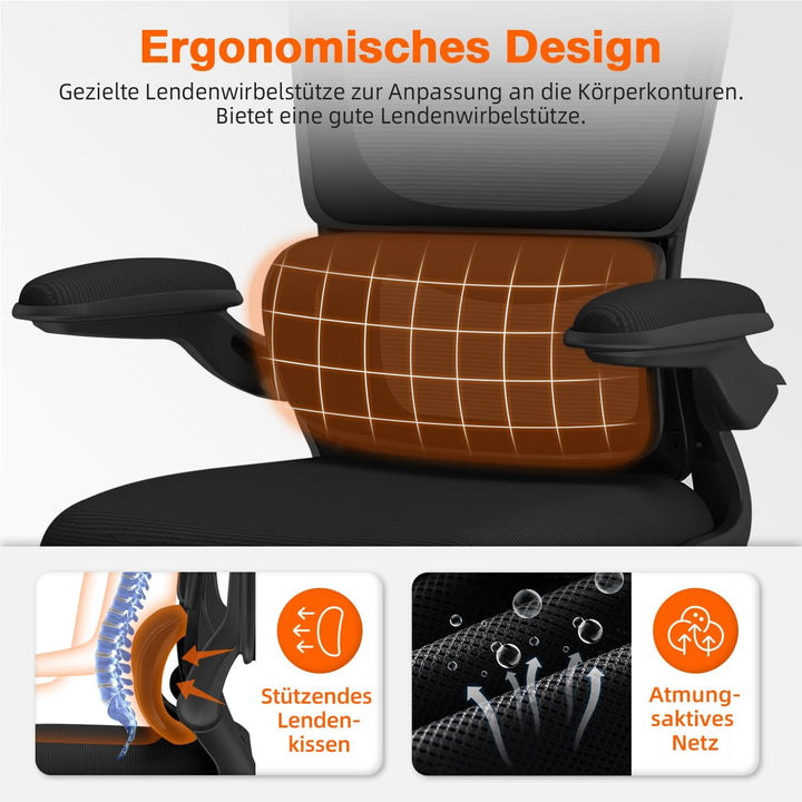 Bürostuhl, Bürostuhl Ergonomisch, Schreibtischstuhl mit 5D-Lendenwirbelstütze und Kopfstütze, 90° kl