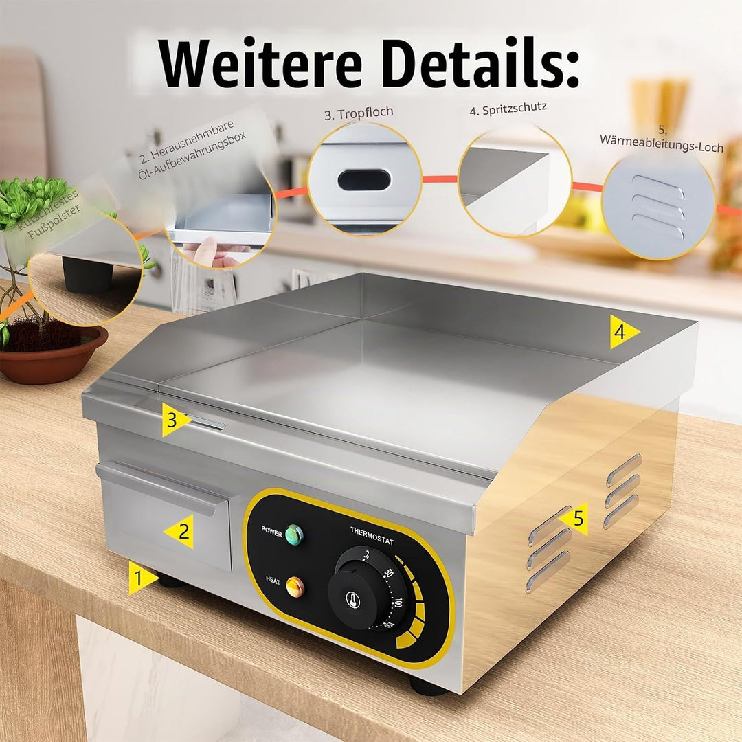 Grillplatte Elektrisch, Profi Gastro Elektrogrill Elektrische Grillplatte Tischgrill mit 36 x 30 cm
