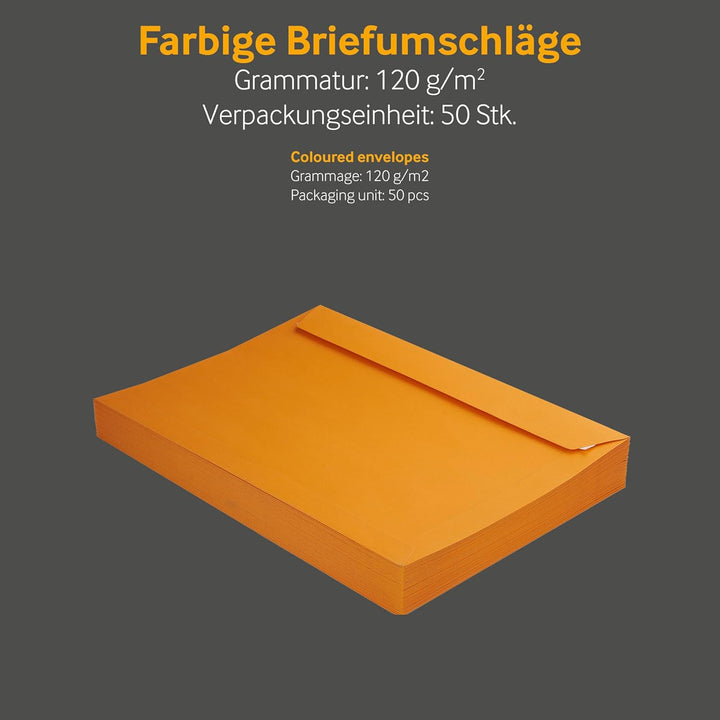 50 Stück, Farbige Briefumschläge, DIN C4, Haftklebung mit Abziehstreifen, Gerade Klappe, 130 g/qm Co