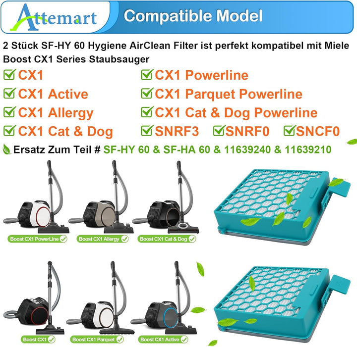 CX1 Hygiene AirClean Filter kompatibel mit Miele Boost CX1 Kanister Staubsauger Cat & Dog, Active, A