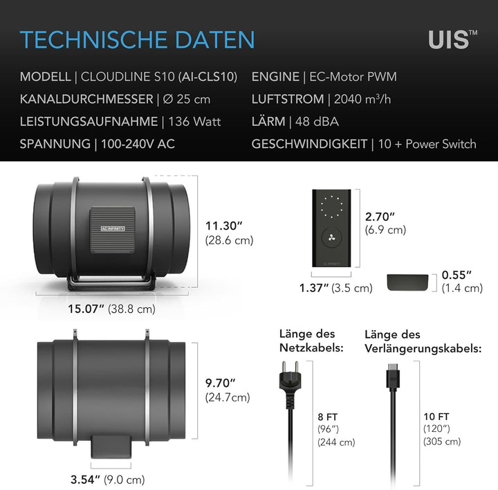 AC Infinity CLOUDLINE PRO S10, leiser 10-Zoll-Inline-Kanalventilator mit Drehzahlregler - EC Motor A