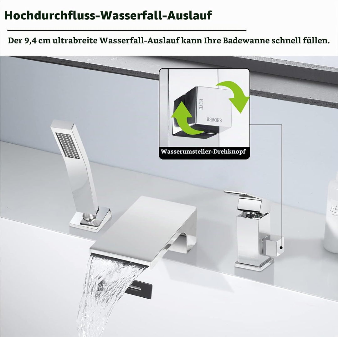 SHANFO 3 Loch Wannenrandarmatur Wasserfall, 3 Loch Badewannenarmatur mit Handbrause,Einzelgriff Wann