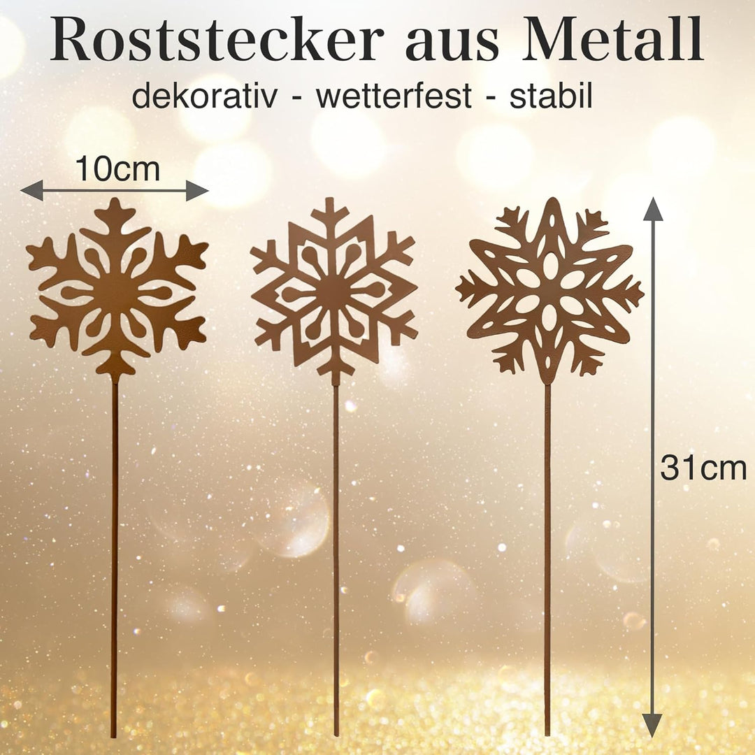 Gartenstecker 3 Schneeflocken Roststecker Metall Weihnachtsdeko Advent wetterfest Gartendeko Outdoor