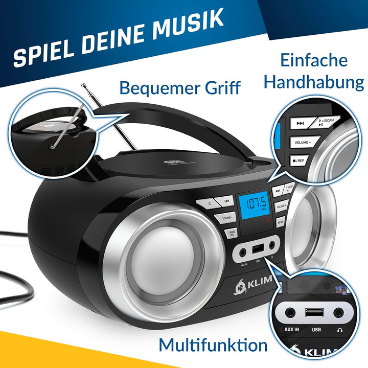 KLIM B3 Tragbarer CD Player Bluetooth Boombox mit FM-Radio, Bluetooth, USB und AUX - Hochwertige Dua