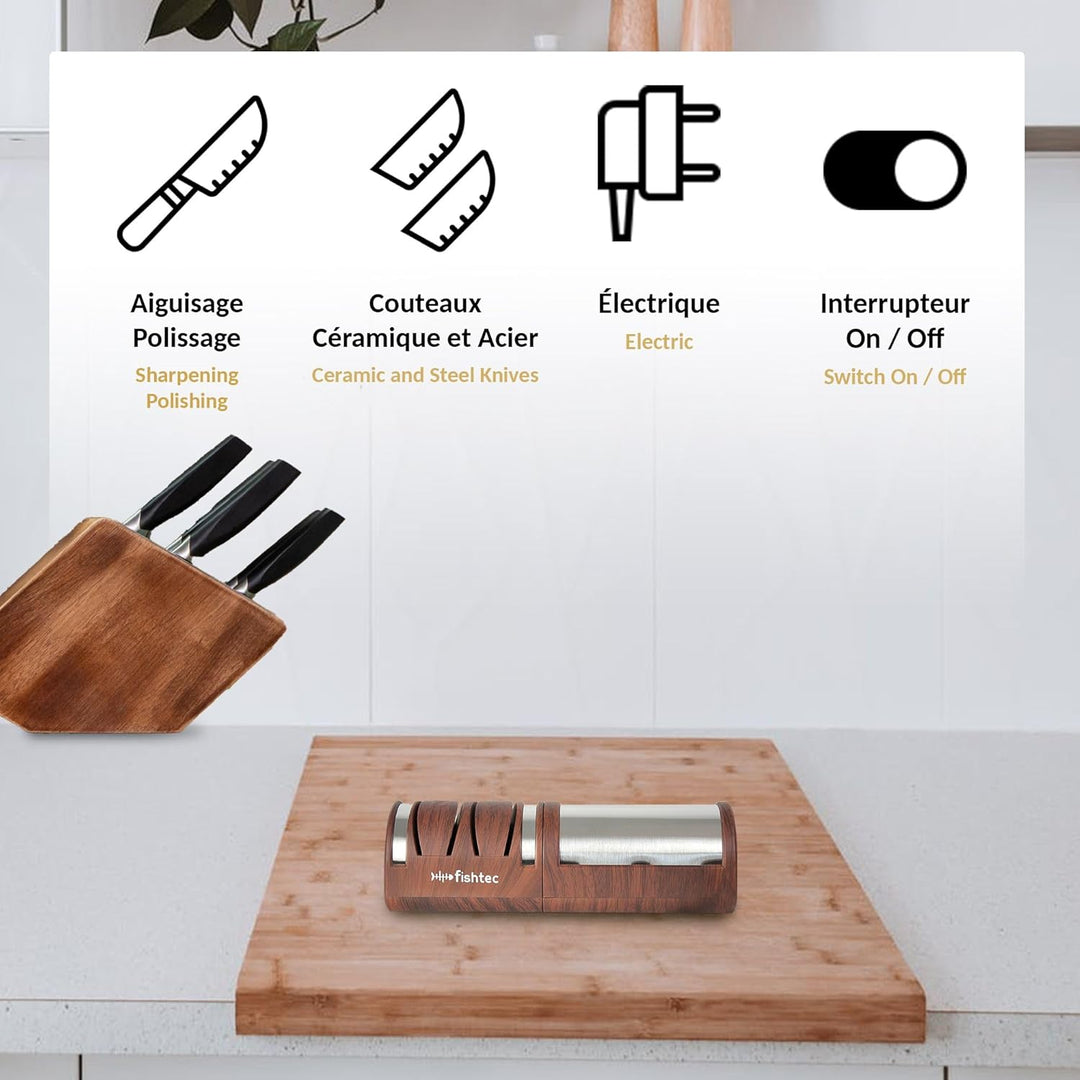 FISHTEC Elektrische Messerschleifmaschine - Schärfen + Polieren in 2 Etappen - Metall oder Keramik -