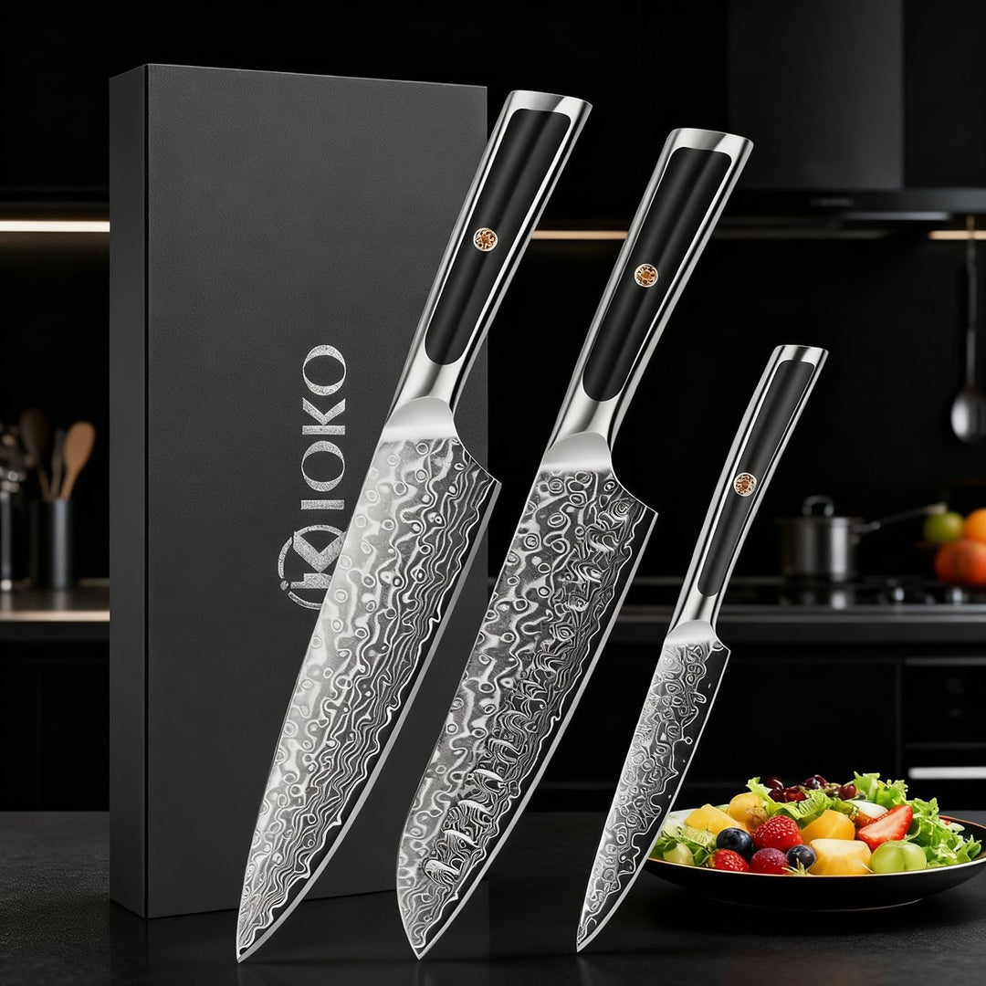 ioko Damaszenerstahl-Messer-Set, 3-teilig, Scharfe Klingen, Komfortable Griffe (Schwarz), Schwarz