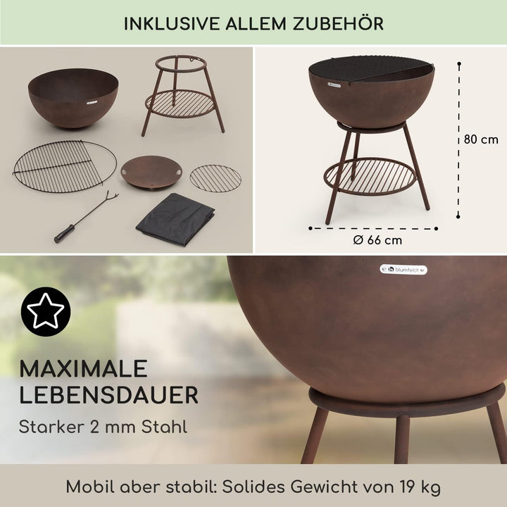 Blumfeldt Feuerschale mit Grillrost, Outdoor Stahl-Feuerschale Gross für Balkon &amp; Camping, Mobile Fe