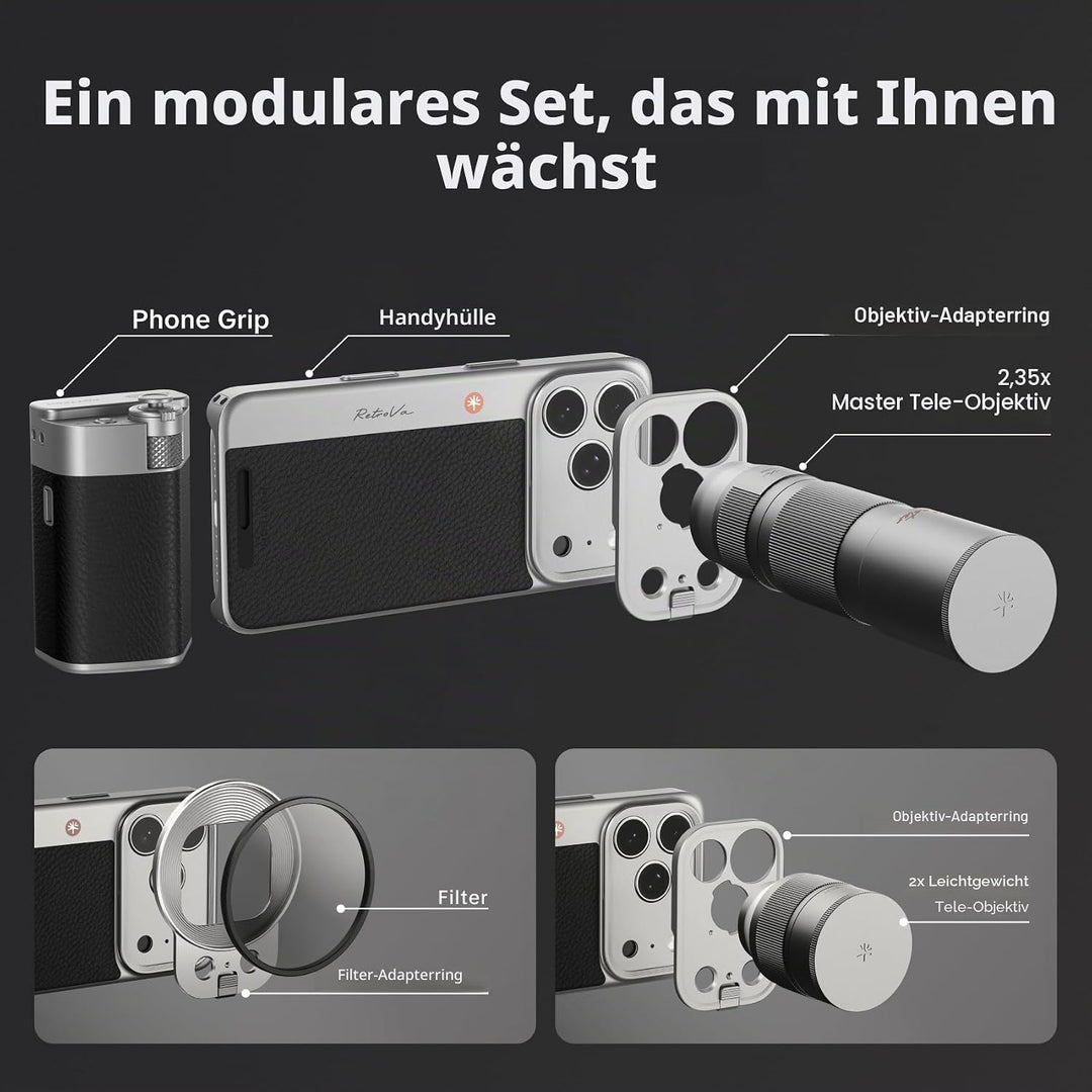 PGYTECH RetroVa Kameragriff Set mit 2,35x Teleobjektiv, für iPhone 16 Pro | All-in-One-Set: Teleobje