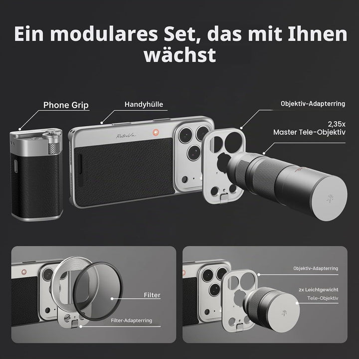 PGYTECH RetroVa Kameragriff Set mit 2,35x Teleobjektiv, für iPhone 16 Pro | All-in-One-Set: Teleobje
