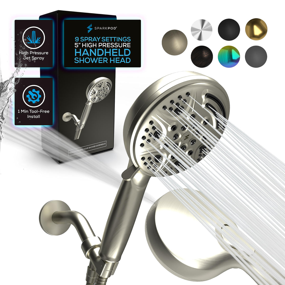 SparkPod 5 Inch 9 Function Shower Head - Handheld High Pressure Jet with On/Off Switch, Pause and Wa