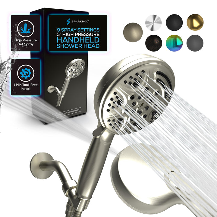 SparkPod 5 Inch 9 Function Shower Head - Handheld High Pressure Jet with On/Off Switch, Pause and Wa