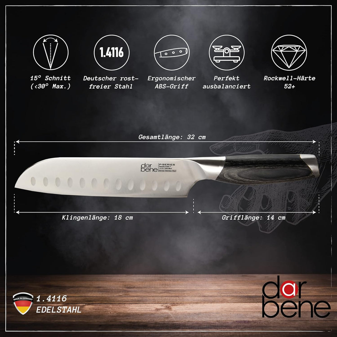 DarBene Santokumesser P-Series 18cm Profi Küchenmesser aus deutschem Edelstahl, ergonomischer Pakka