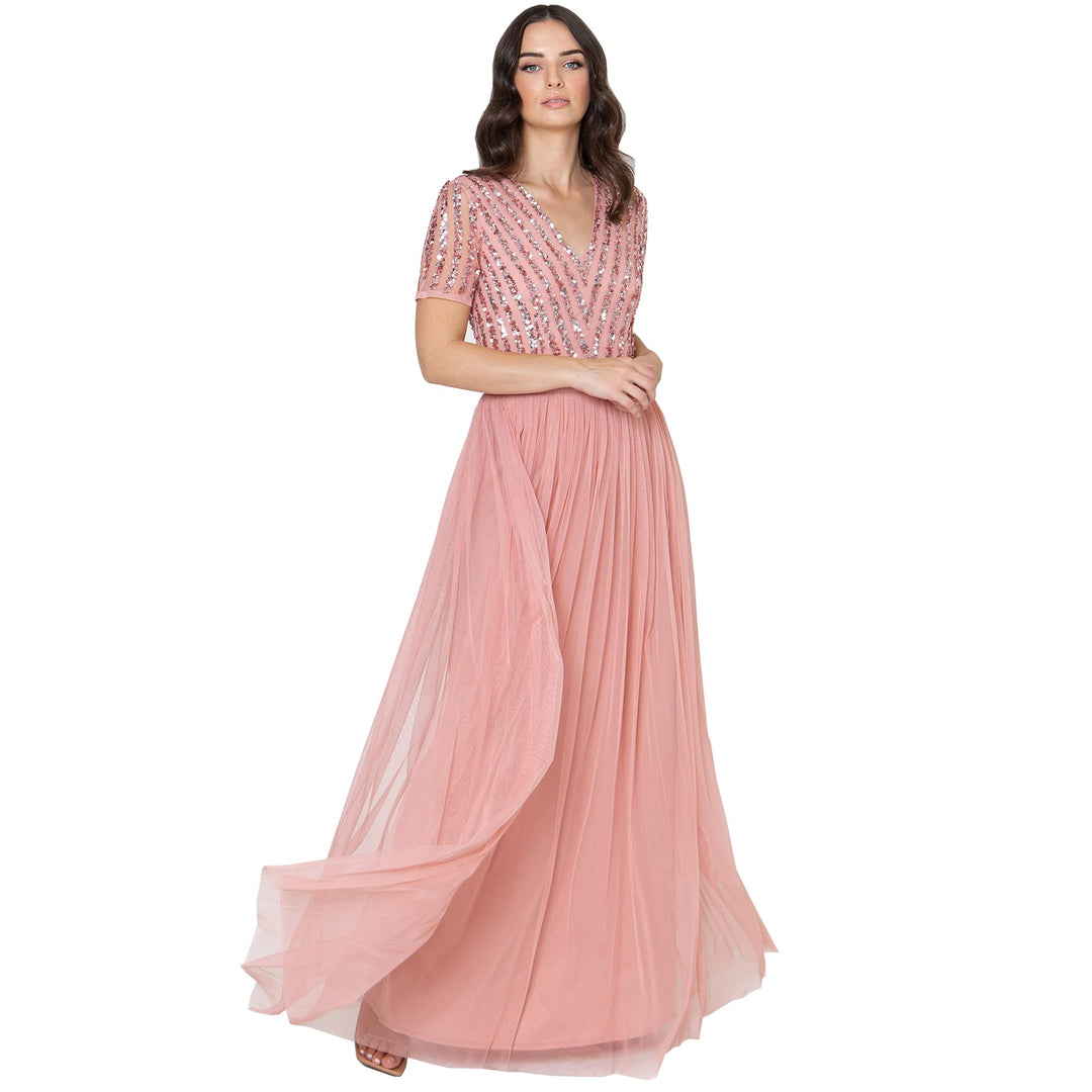 Damen Ballkleid Abendkleid V-Ausschnitt Maxi Länge Pailletten Kurze Ärmel für Hochzeit Geburtstag Br