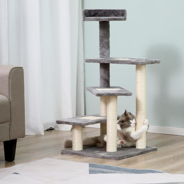 PawHut Kratzbaum 100 cm mit Sisalstämme für kleine Katzen Beige+Grau | Grosse Plattform, Mehrstöckig