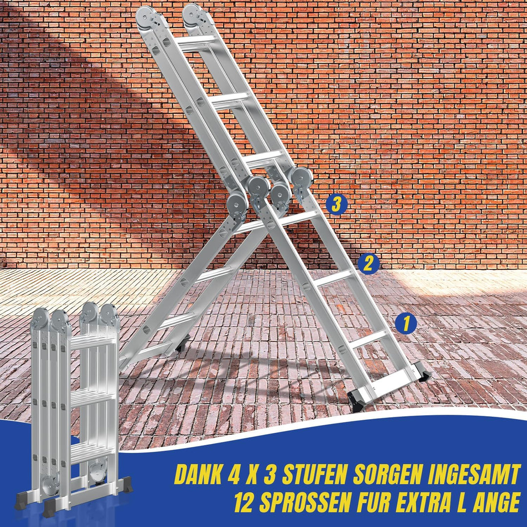 Mehrzweckleiter 4x3, 7in1 Multifunktionsleiter 366CM Alu Vielzweckleiter Klappleiter mit 2 Plattform