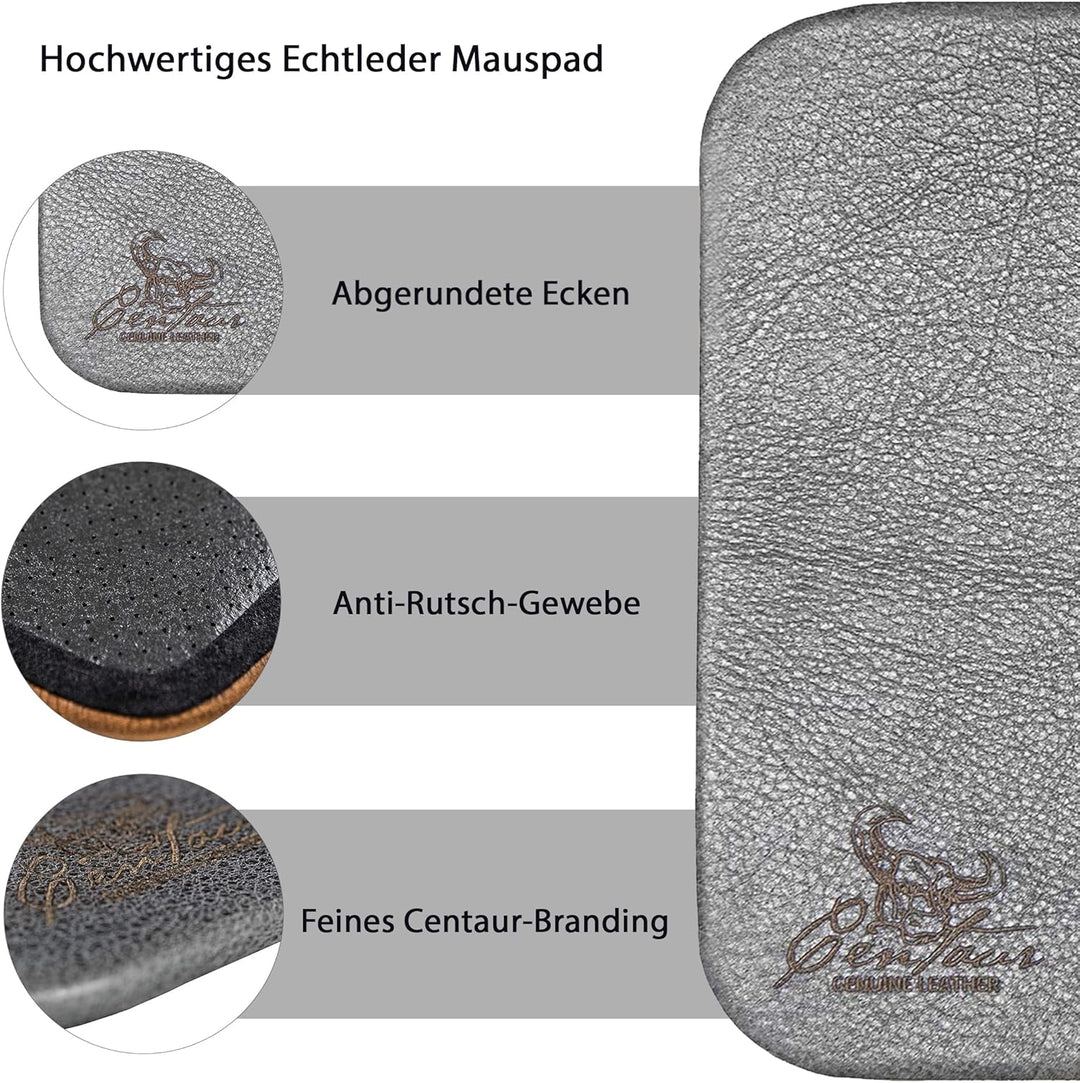 Centaur - Hochwertiges Leder Mousepad 25x18 cm basaltgrau - Vintage Mauspad aus echtem Leder - Unter