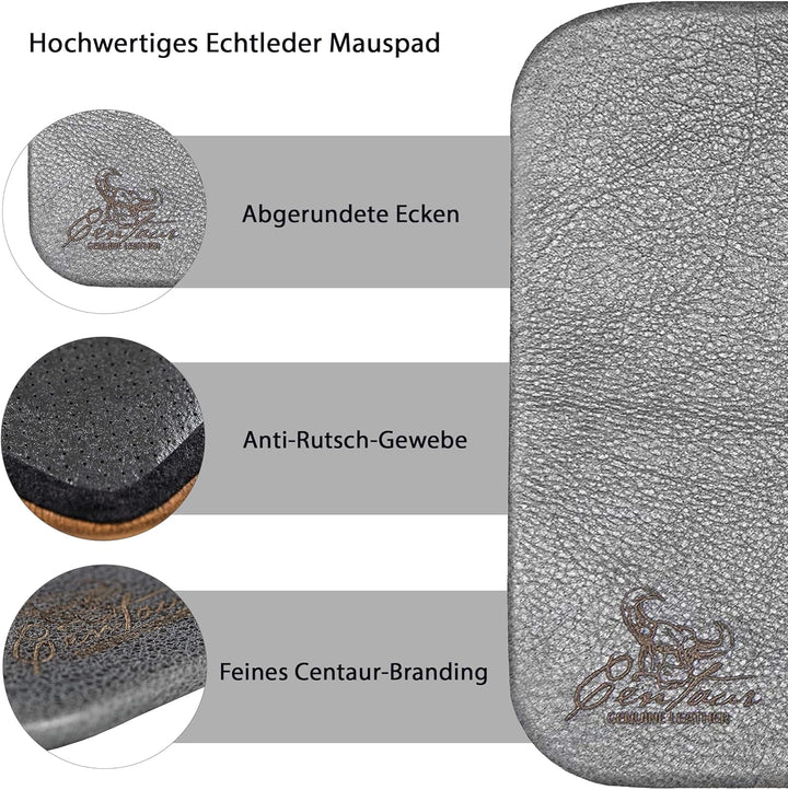 Centaur - Hochwertiges Leder Mousepad 25x18 cm basaltgrau - Vintage Mauspad aus echtem Leder - Unter