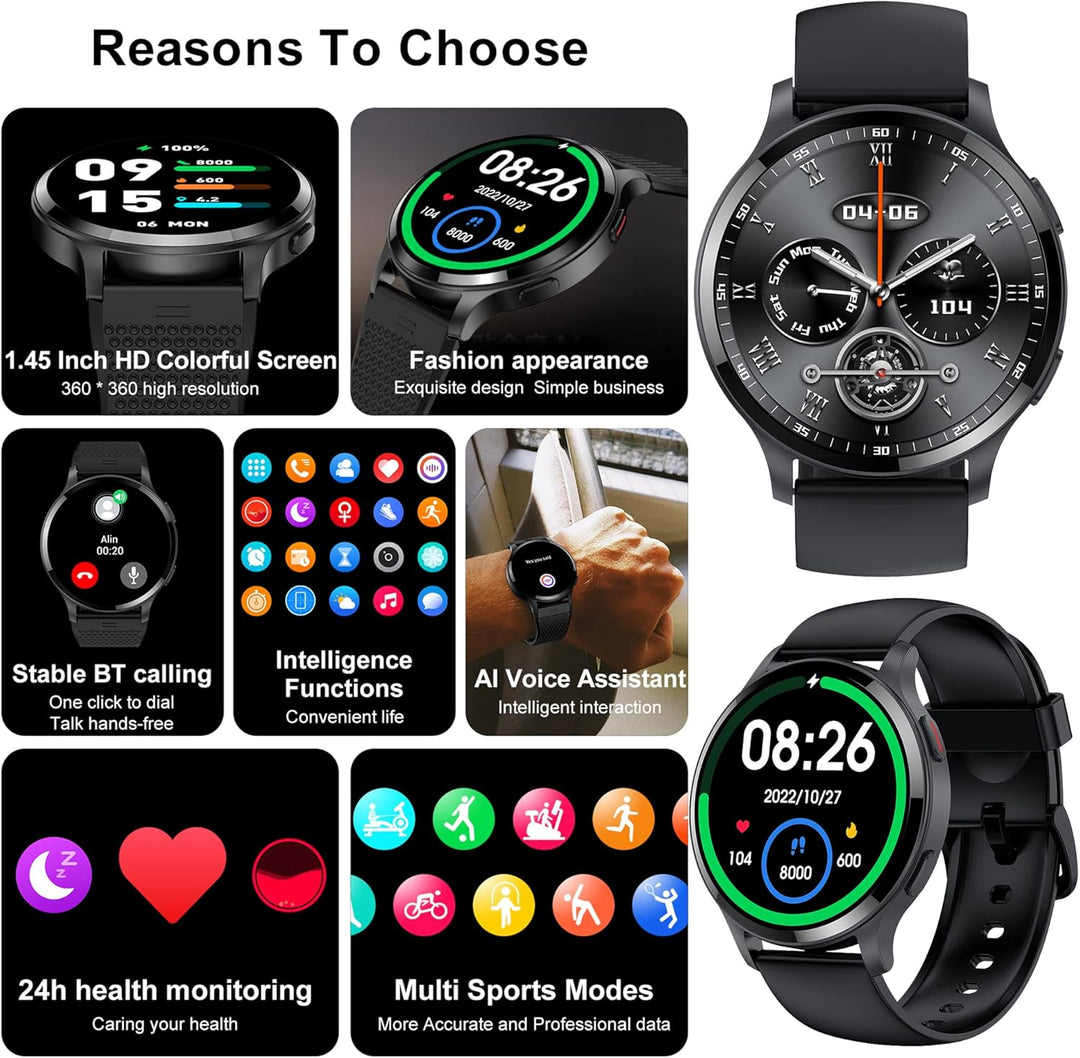 Smartwatch Herren mit Telefonfunktion 1,43" HD Voll Touchscreen Uhren Fitness Tracker 15 Sportmodi A