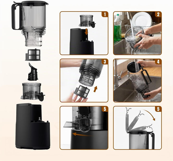Entsafter Slow Juicer, 1,6 L Hopper, 130 mm Einfüllöffnung, Vor-/Rücklauf, inkl. Reinigungsbürste Gr