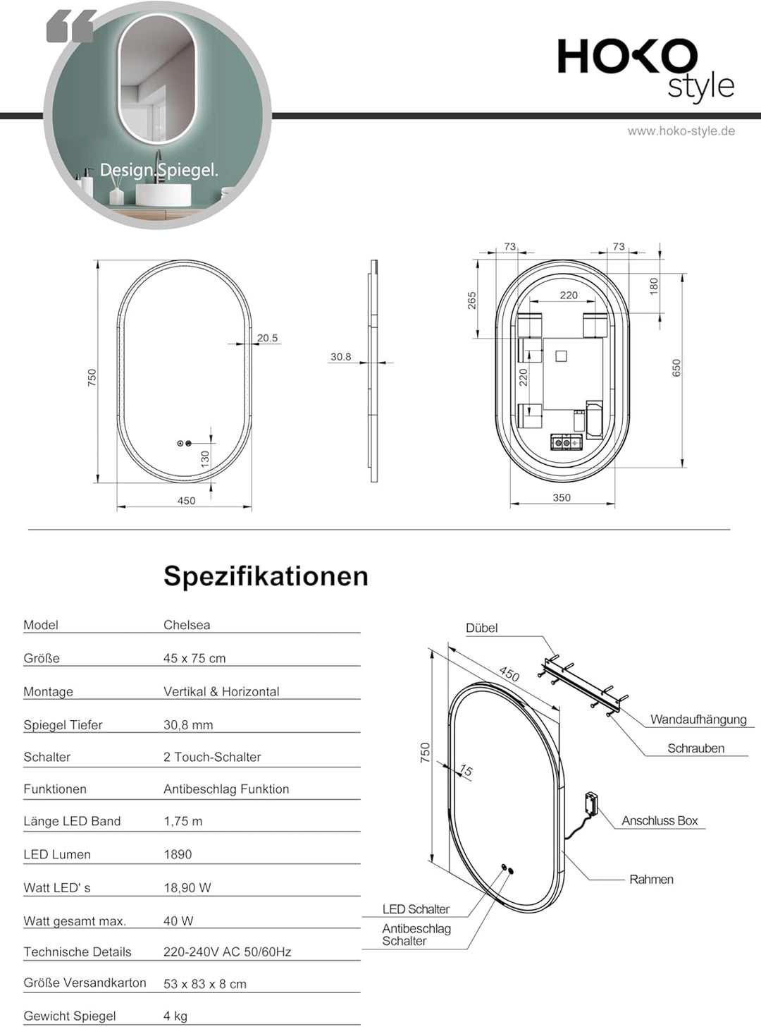 HOKO Antibeschlag LED ovaler Spiegel 45x75 cm / 75x45 cm Tokio mit Metall Rahmen Weiss, HOCH+QUER Mo