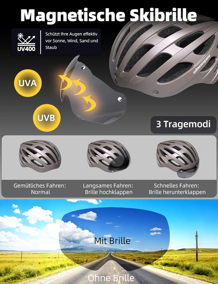 Shinmax Fahrradhelm Herren Damen mit Visier, Magnetischer Abnehmbarer Schutzbrille und USB-Aufladung