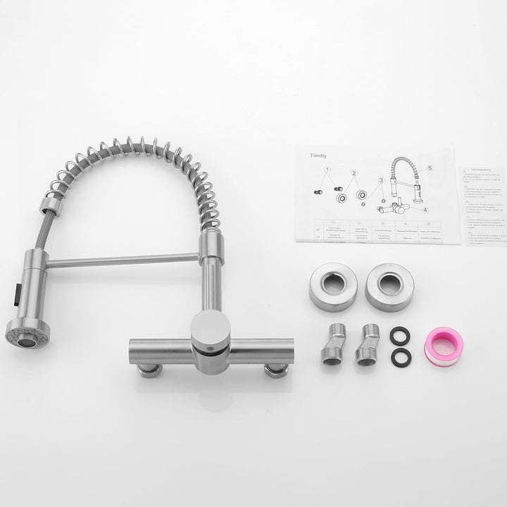 Küchenarmatur Wandmontage mit Herunterziehbare Brause, Hoch Gebogen Wandarmatur mit 2 Strahlarten, 3