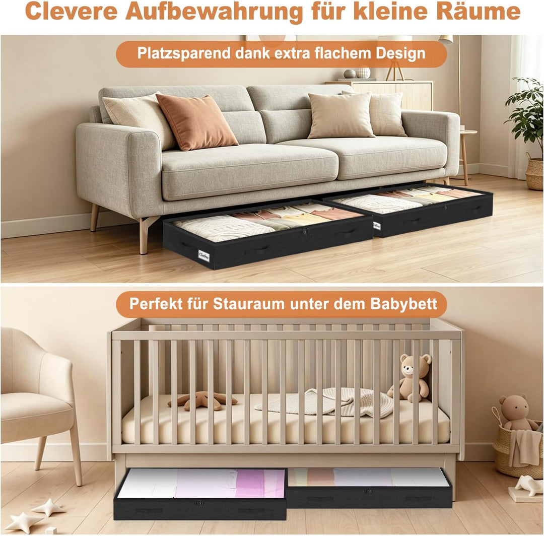 4 Stück Unterbett Aufbewahrungsbox,10cm hoch Unterbettkommode mit klarem Deckel, Faltbare Kleiderauf
