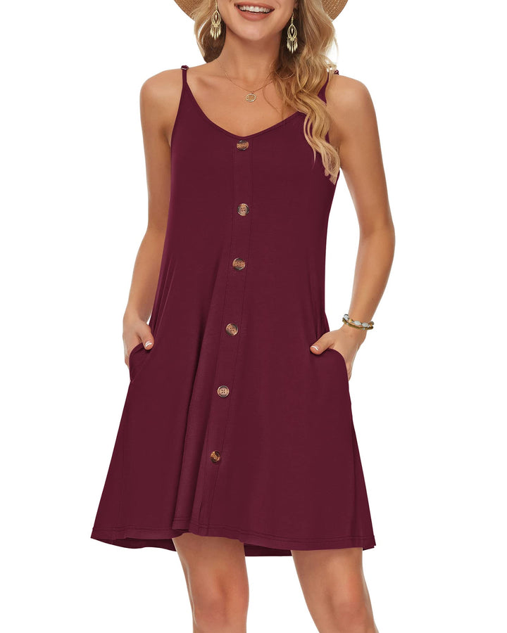 WNEEDU Damen Kleid Sommer Spaghettiträger Sommerkleid Kurze Strandkleider V Ausschnitt Leichte Freiz
