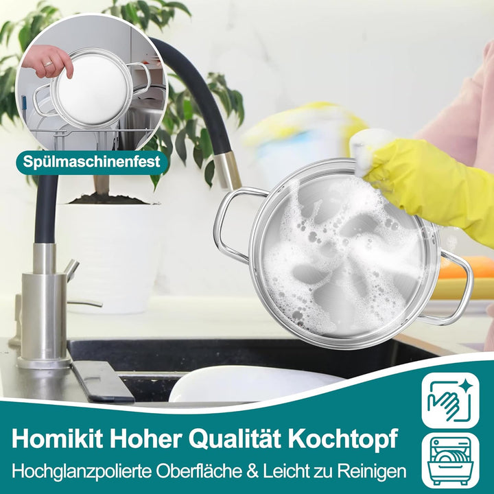 Homikit Kochtopf 20cm Gross, Edeastahl Topf Nudeltopf Induktion mit Glasdeckel, 3,8L Suppentopf Flei