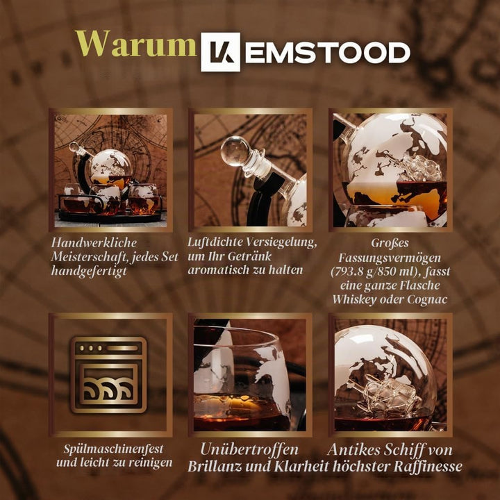 Kemstood Whisky Karaffe Globus Set (850 ml) - Edler Whiskey Decanter mit Gläser, Holzständer und ein