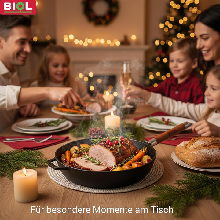 BIOL Gusseisen Pfannen Set 24 cm + 26 cm – 2-teilig – Mit abnehmbaren Holzgriffen – Für Induktion, G