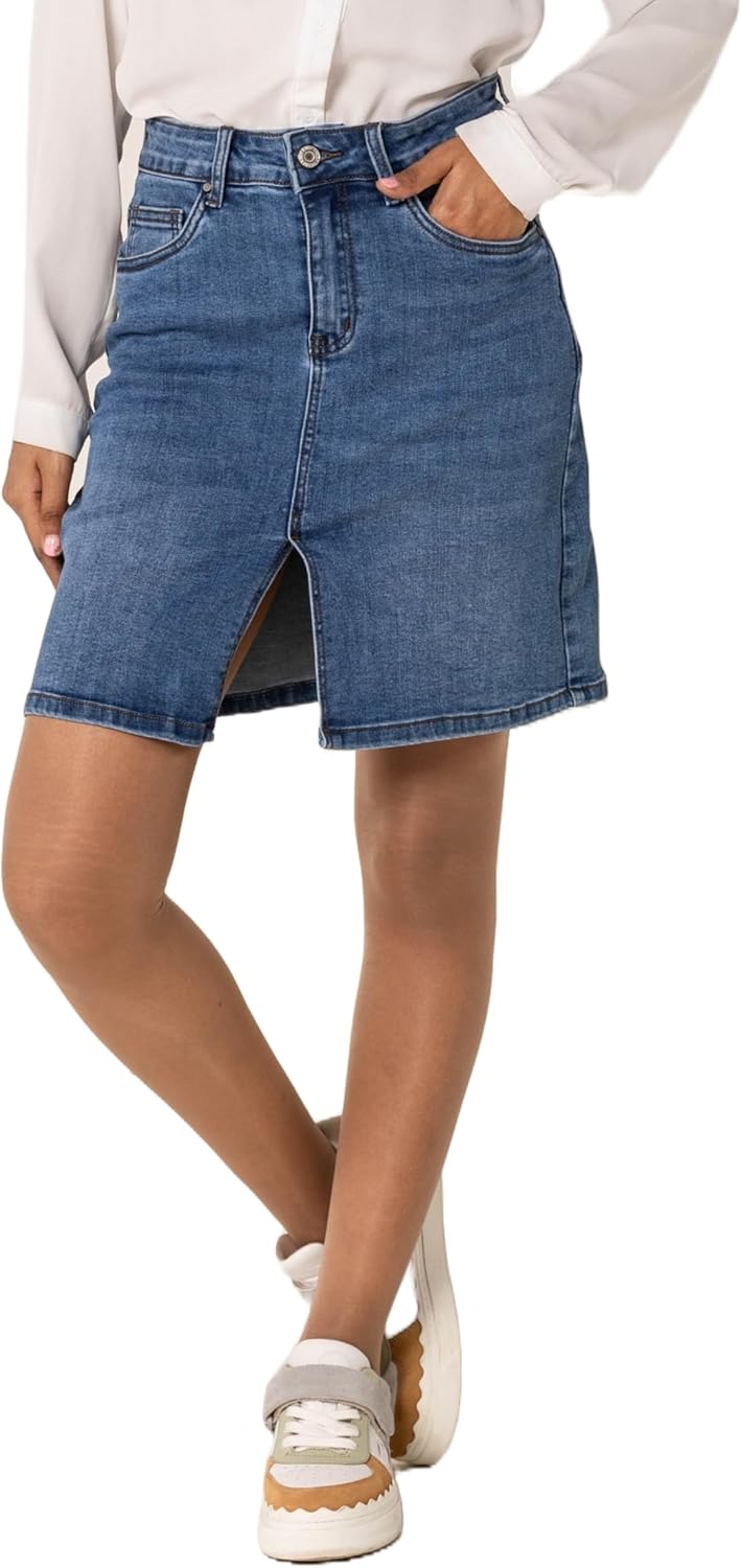 Nina Carter P213 Damen Kurzer Jeansrock mit Vorderem Schlitz Reissverschluss Stretch Used-Look Blau