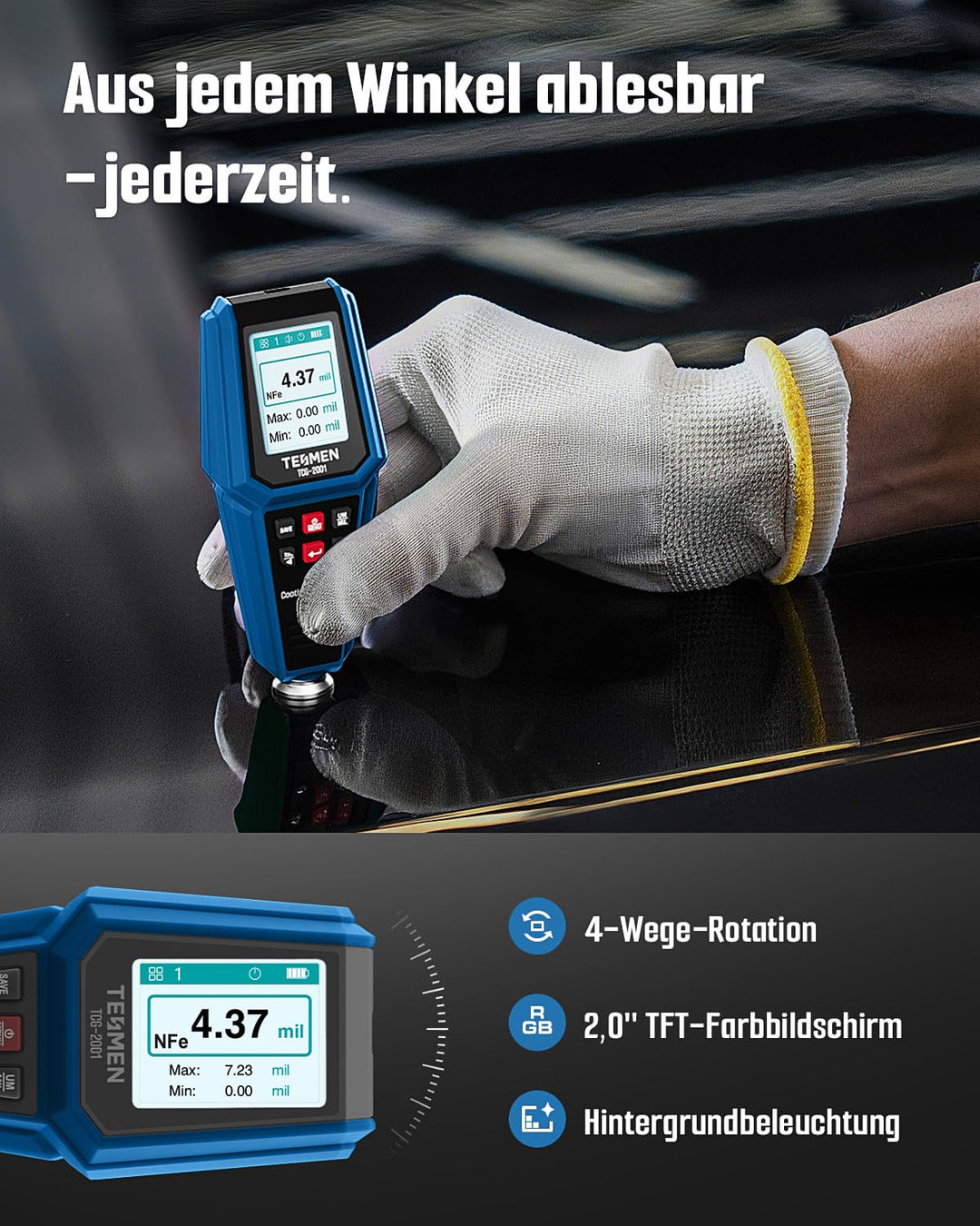 TESMEN TCG-2001 Lackschichtdickenmessgerät für Autos, Digitales Lackmessgerät mit Balkendiagramm, 4-