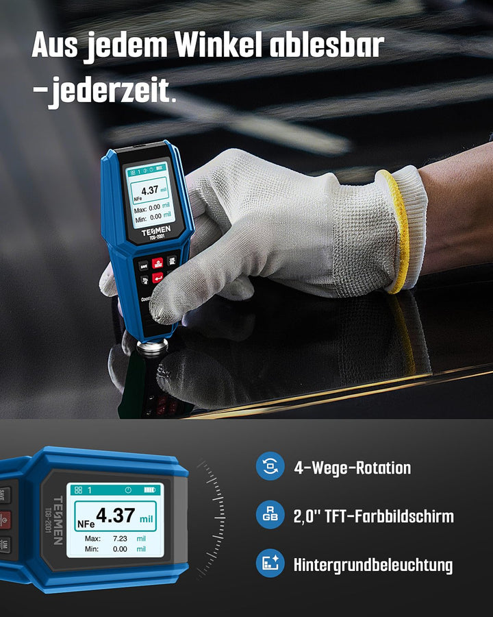 TESMEN TCG-2001 Lackschichtdickenmessgerät für Autos, Digitales Lackmessgerät mit Balkendiagramm, 4-