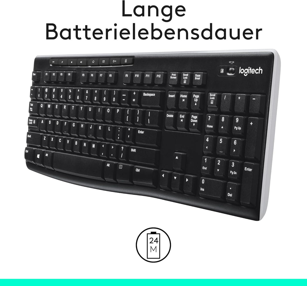 Logitech K270 Kabellose Tastatur für Windows, 2,4 GHz kabellos, Standardgrösse, Nummernblock, 8 Sond
