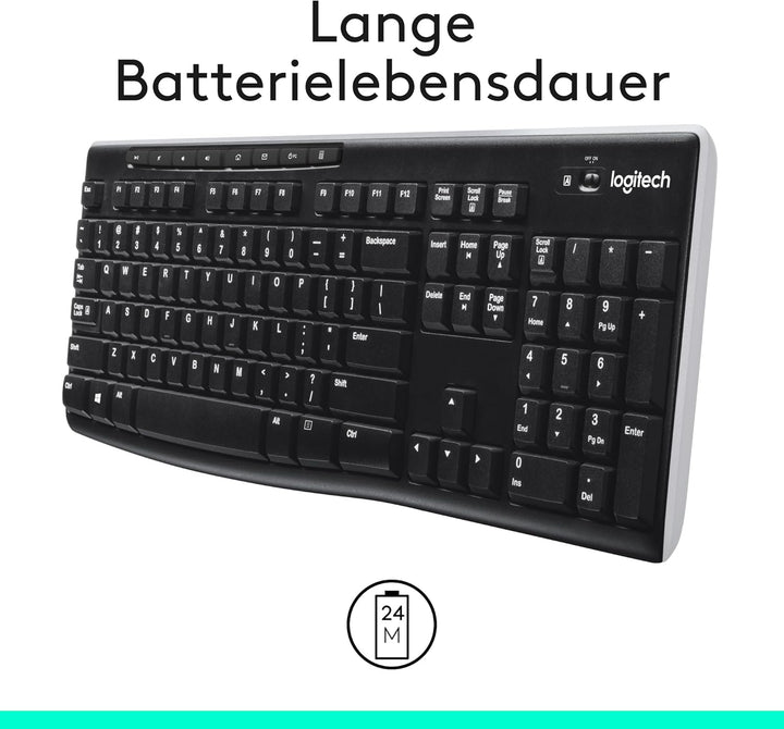 Logitech K270 Kabellose Tastatur für Windows, 2,4 GHz kabellos, Standardgrösse, Nummernblock, 8 Sond