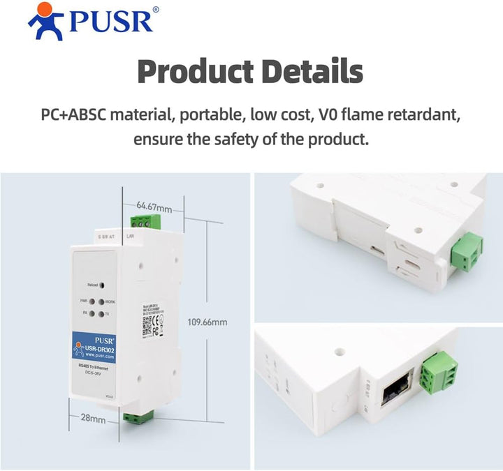 PUSR DIN-Schiene RS485 zu Ethernet Konverter Modbus RTU zu TCP Modbus Gateway überträgt Daten transp