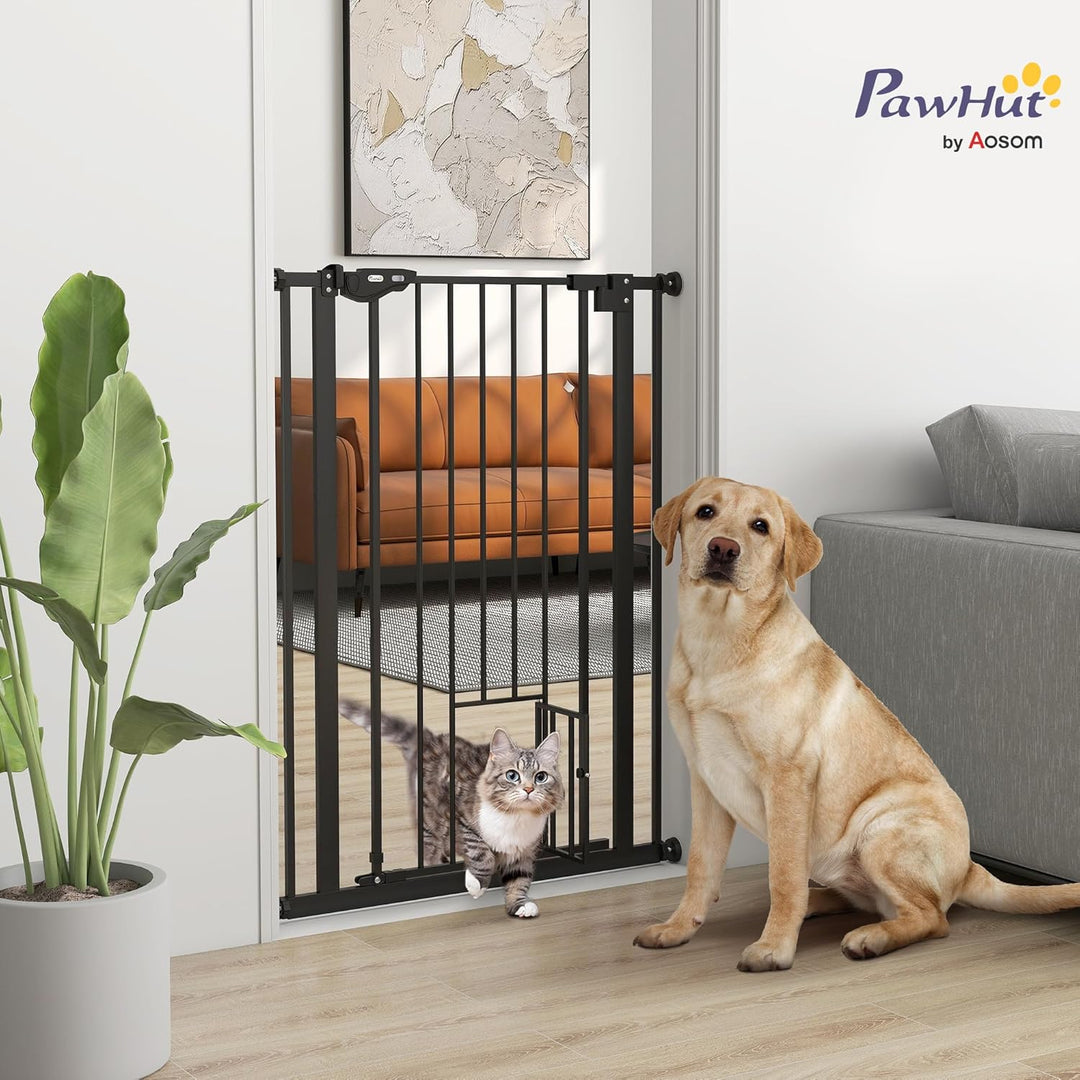 PawHut Treppenschutzgitter Türschutzgitter Ohne Bohren 74-80cm Kinderschutzgitter mit Katzenklappe A